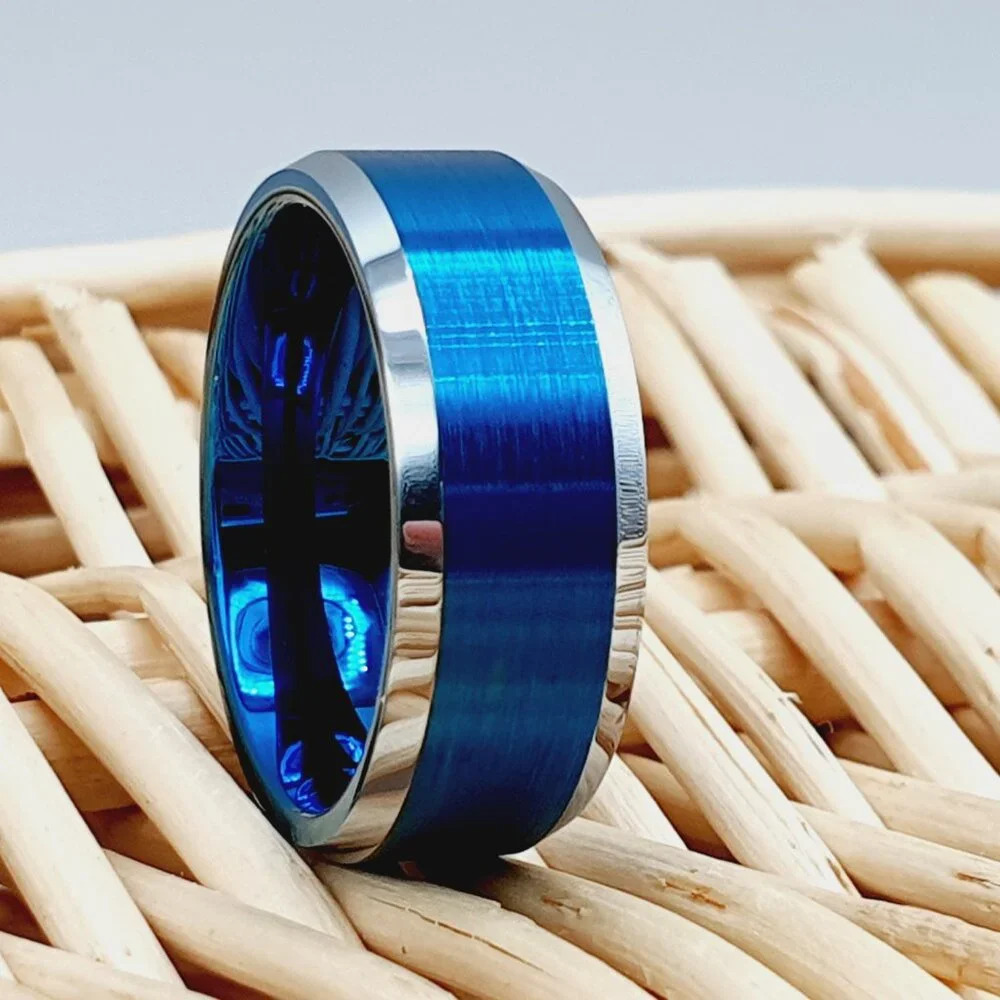 "Brushed Center Blue Tungsten Engagement Ring For Man Woman, Galtun692